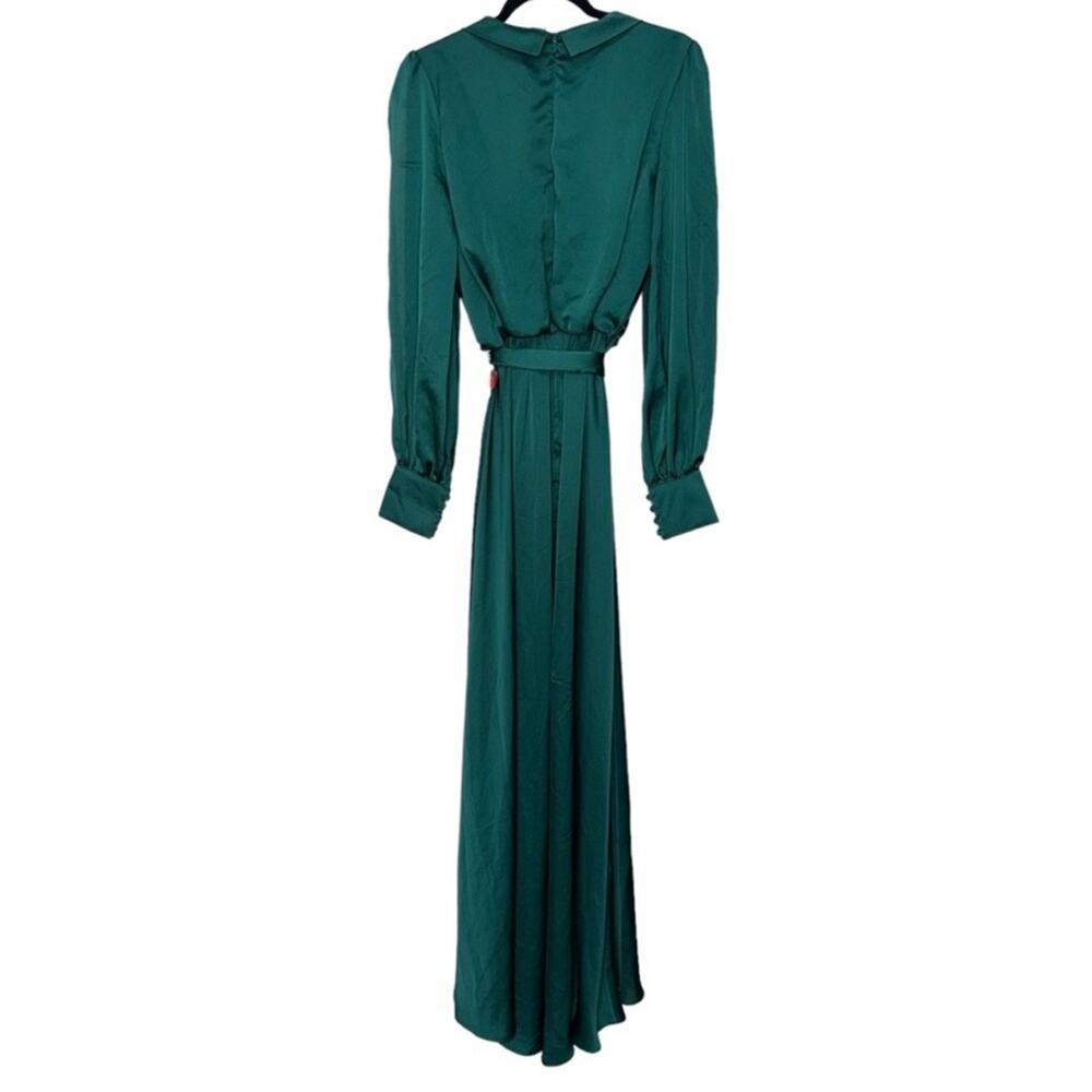 NWT MAC DUGGAL 49146 Deep Green Bishop Sleeve Faux Wrap Maxi Tie Waist Gown - Picture 6 of 11